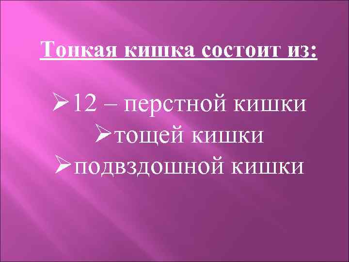 Тонкая кишка состоит из: Ø 12 – перстной кишки Øтощей кишки Øподвздошной кишки 