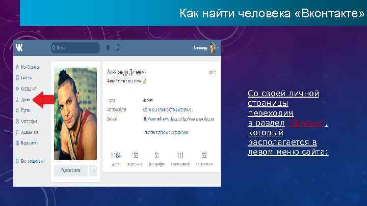Как найти человека «Вконтакте» Со своей личной страницы переходим в раздел "Друзья", который располагается