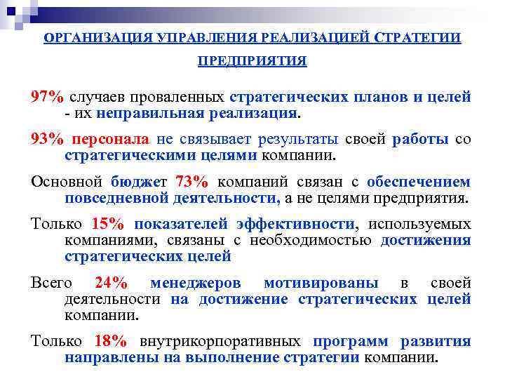 ОРГАНИЗАЦИЯ УПРАВЛЕНИЯ РЕАЛИЗАЦИЕЙ СТРАТЕГИИ ПРЕДПРИЯТИЯ 97% случаев проваленных стратегических планов и целей их неправильная