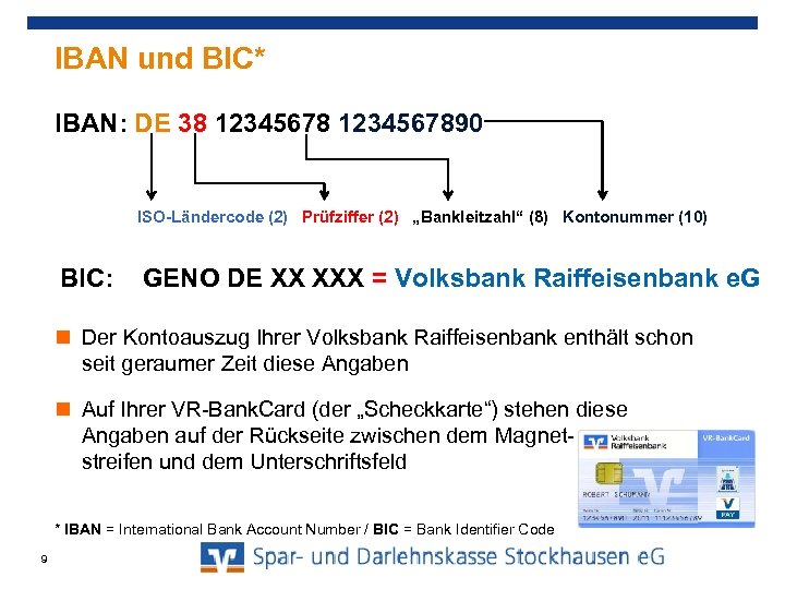 IBAN und BIC* IBAN: DE 38 1234567890 ISO-Ländercode (2) Prüfziffer (2) „Bankleitzahl“ (8) Kontonummer