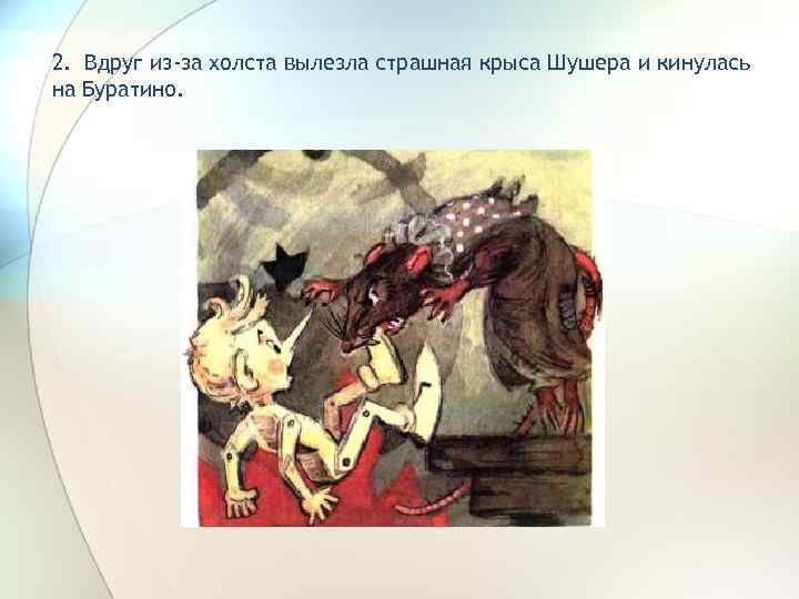 2. Вдруг из-за холста вылезла страшная крыса Шушера и кинулась на Буратино. 