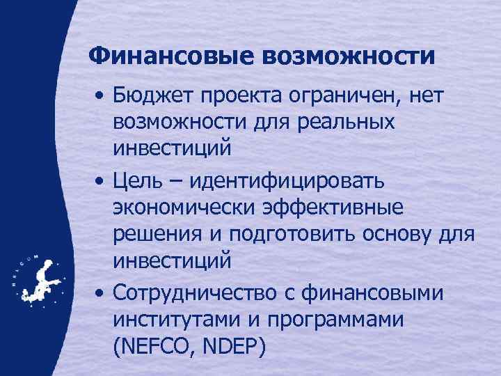 Финансовые возможности • Бюджет проекта ограничен, нет возможности для реальных инвестиций • Цель –