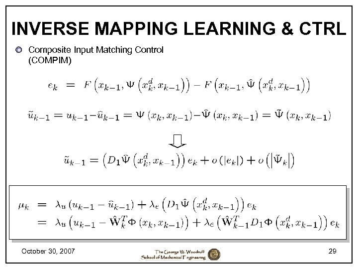 INVERSE MAPPING LEARNING & CTRL Composite Input Matching Control (COMPIM) October 30, 2007 29