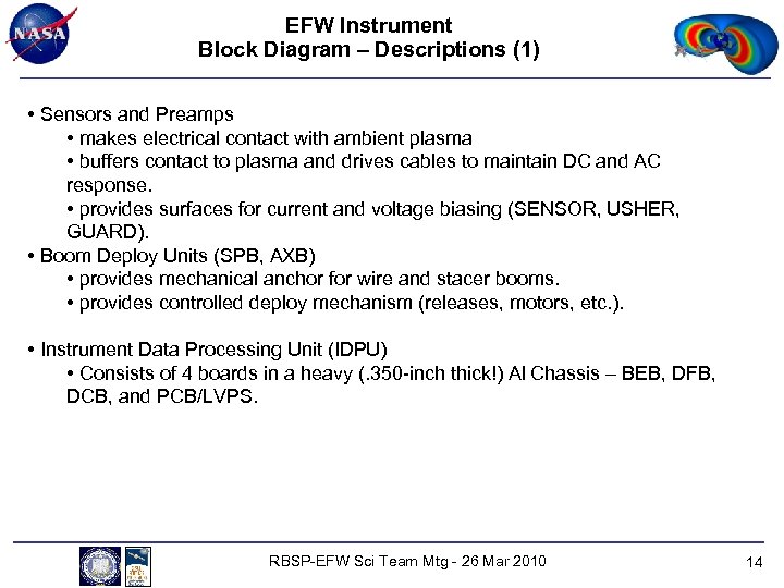 EFW Instrument Block Diagram – Descriptions (1) • Sensors and Preamps • makes electrical