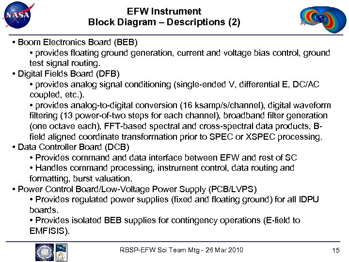 EFW Instrument Block Diagram – Descriptions (2) • Boom Electronics Board (BEB) • provides