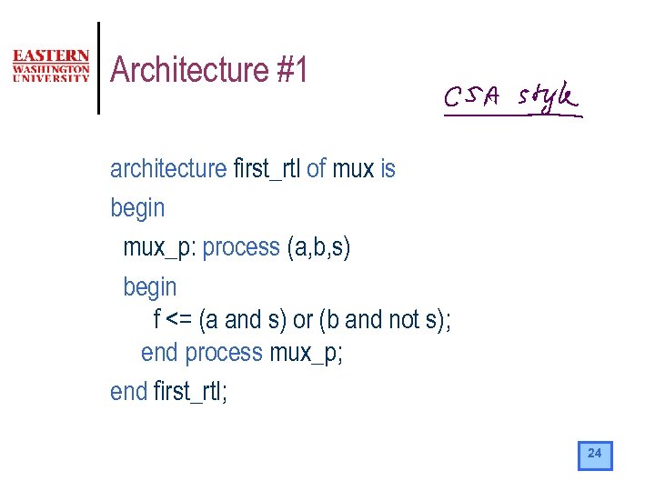 Architecture #1 architecture first_rtl of mux is begin mux_p: process (a, b, s) begin