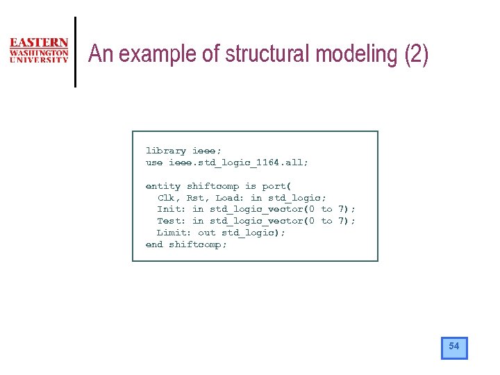 An example of structural modeling (2) library ieee; use ieee. std_logic_1164. all; entity shiftcomp
