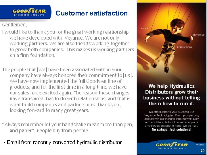 Customer satisfaction - Email from recently converted hydraulic distributor 20 