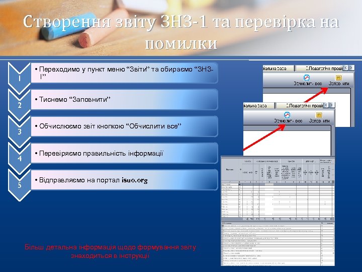 Створення звіту ЗНЗ-1 та перевірка на помилки 1 2 3 4 5 • Переходимо