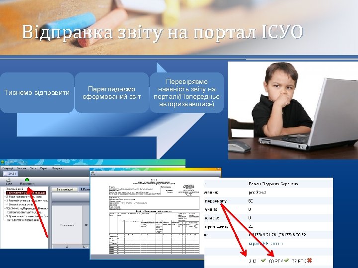 Відправка звіту на портал ІСУО Тиснемо відправити Переглядаємо сформований звіт Перевіряємо наявність звіту на
