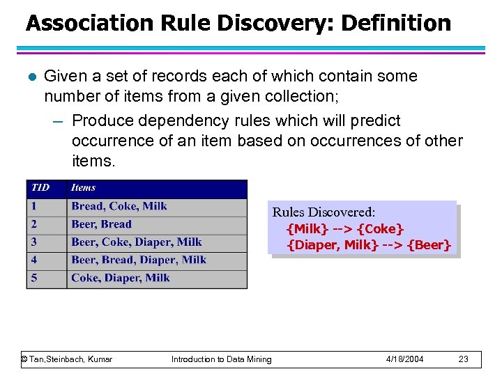 Association Rule Discovery: Definition l Given a set of records each of which contain