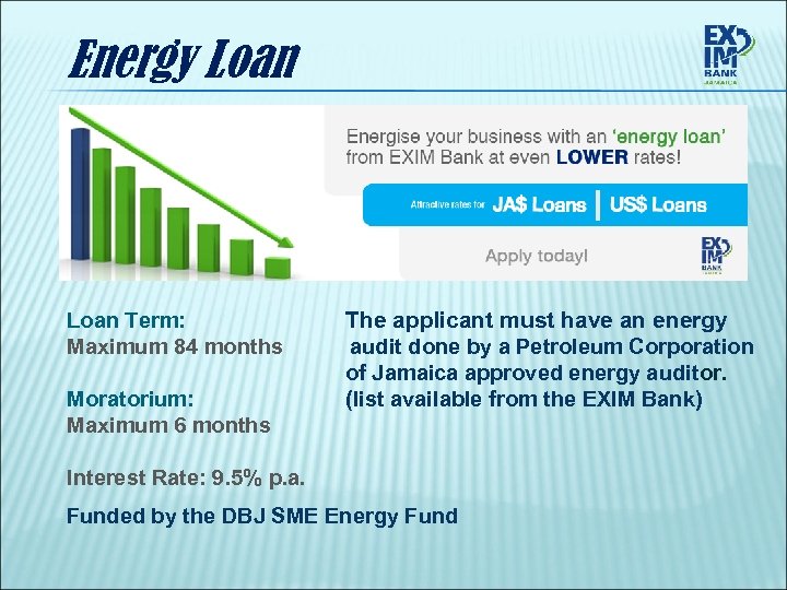 Energy Loan Term: Maximum 84 months Moratorium: Maximum 6 months The applicant must have