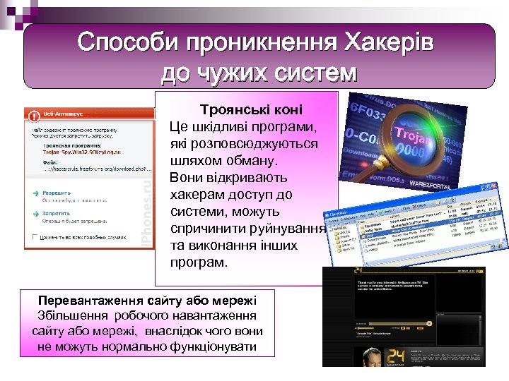 Способи проникнення Хакерів до чужих систем Троянські коні Це шкідливі програми, які розповсюджуються шляхом