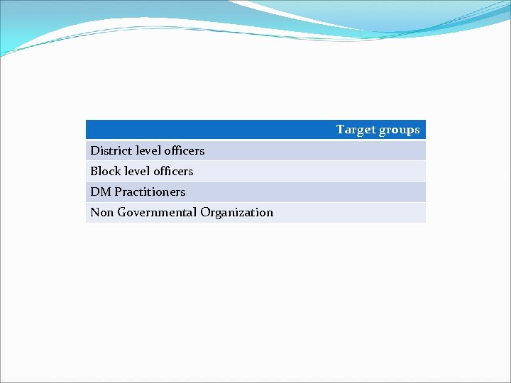 Target groups District level officers Block level officers DM Practitioners Non Governmental Organization 