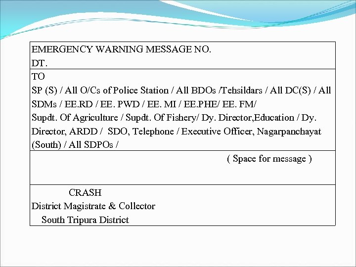 EMERGENCY WARNING MESSAGE NO. DT. TO SP (S) / All O/Cs of Police Station