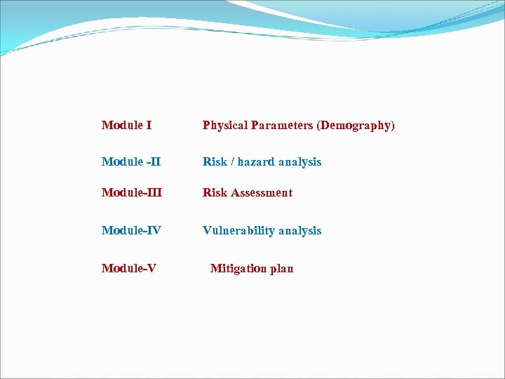 Module I Physical Parameters (Demography) Module -II Risk / hazard analysis Module-III Risk Assessment
