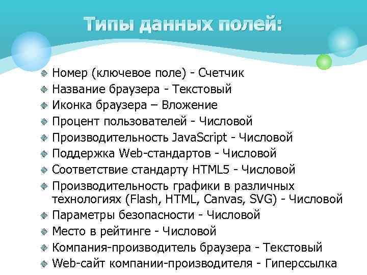 Типы данных полей: Номер (ключевое поле) - Счетчик Название браузера - Текстовый Иконка браузера