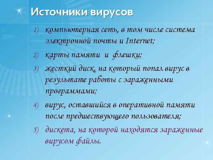 Источники вирусов 1) 2) 3) 4) 5) компьютерная сеть, в том числе система электронной
