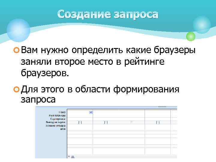 Создание запроса ¢ Вам нужно определить какие браузеры заняли второе место в рейтинге браузеров.