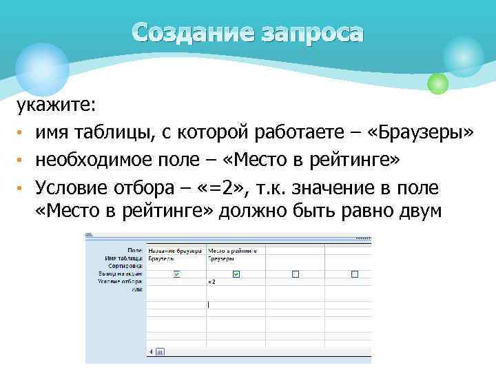 Создание запроса укажите: • имя таблицы, с которой работаете – «Браузеры» • необходимое поле