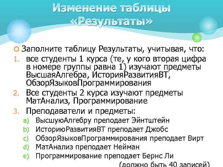 Изменение таблицы «Результаты» ¢ Заполните таблицу Результаты, учитывая, что: 1. все студенты 1 курса