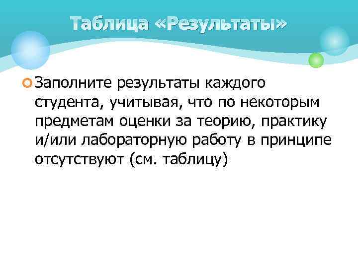 Таблица «Результаты» ¢ Заполните результаты каждого студента, учитывая, что по некоторым предметам оценки за