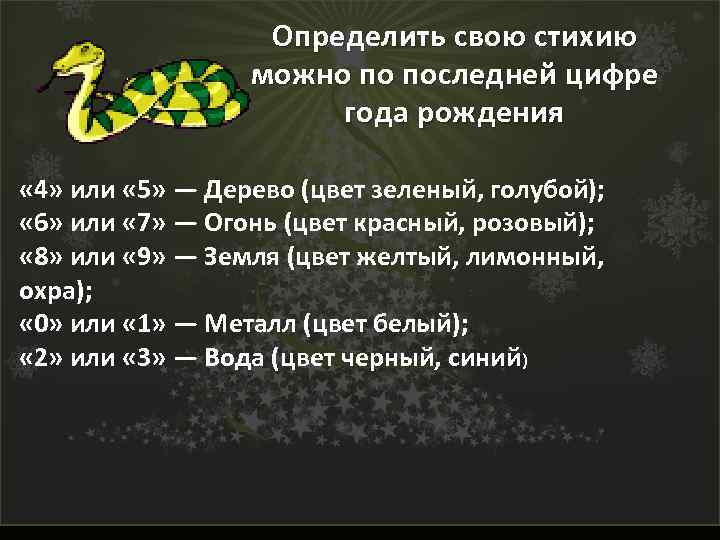 Определить свою стихию можно по последней цифре года рождения « 4» или « 5»