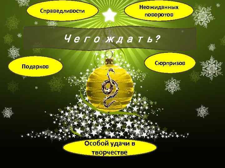 Справедливости Неожиданных поворотов Чего ждать? Сюрпризов Подарков Особой удачи в творчестве 