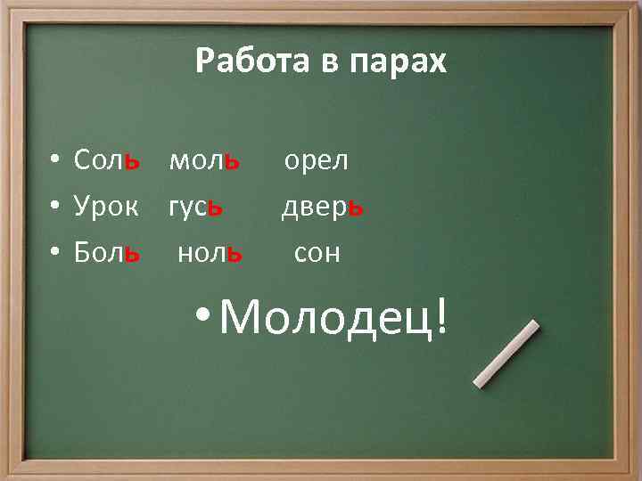 Работа в парах • Соль моль • Урок гусь • Боль ноль орел дверь