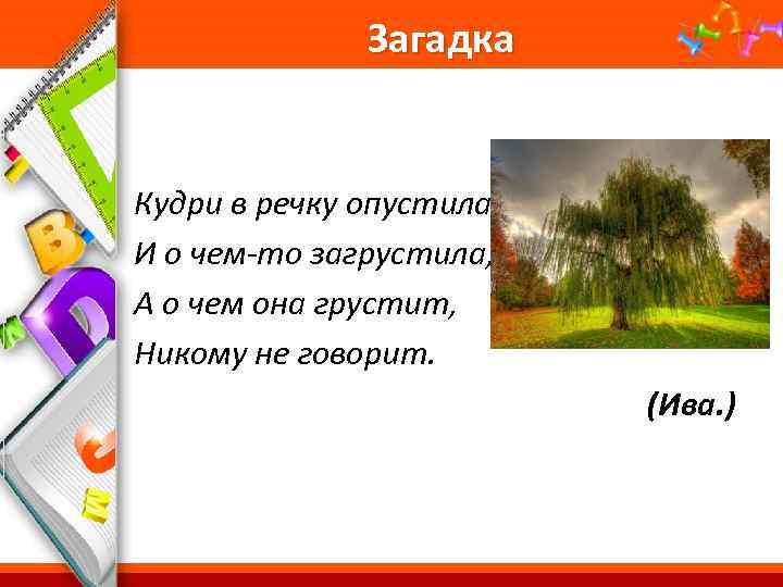 Загадка Кудри в речку опустила И о чем-то загрустила, А о чем она грустит,
