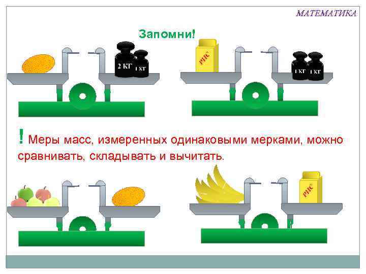 МАТЕМАТИКА Запомни! ! Меры масс, измеренных одинаковыми мерками, можно сравнивать, складывать и вычитать. 