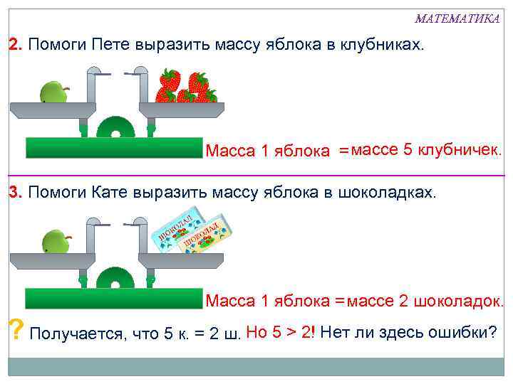 МАТЕМАТИКА 2. Помоги Пете выразить массу яблока в клубниках. Масса 1 яблока = массе