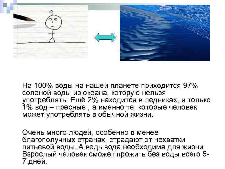 На 100% воды на нашей планете приходится 97% соленой воды из океана, которую нельзя