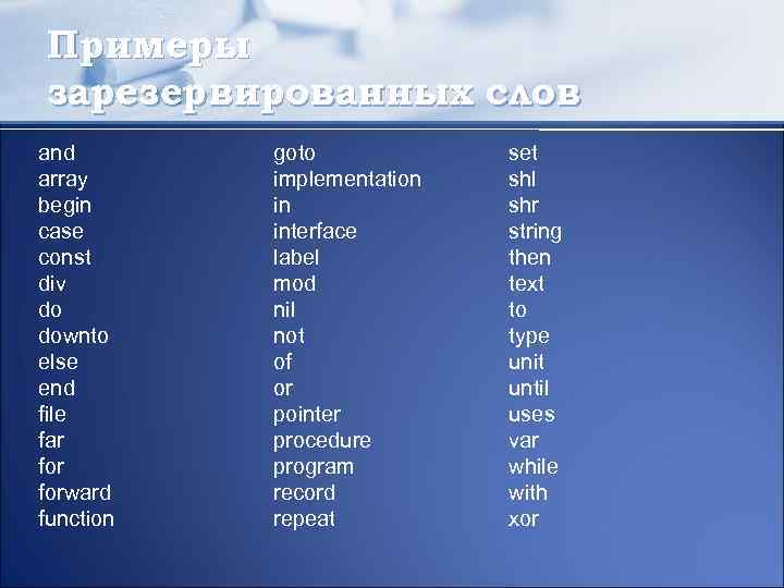 Downto в паскале. Элементы языка Паскаль. Зарезервированные слова языка си. Downto в Паскале примеры. Основные элементы языка Паскаль.