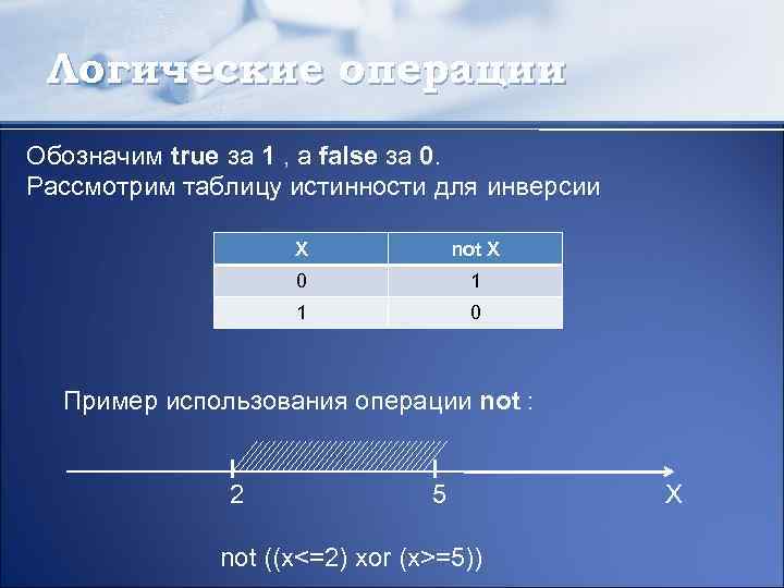 Логические операции Обозначим true за 1 , а false за 0. Рассмотрим таблицу истинности