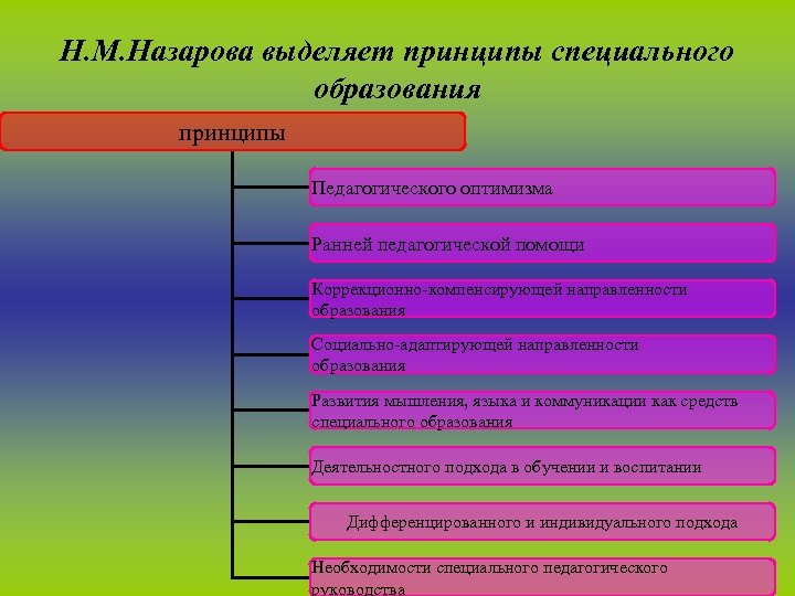 Н. М. Назарова выделяет принципы специального образования принципы Педагогического оптимизма Ранней педагогической помощи Коррекционно-компенсирующей