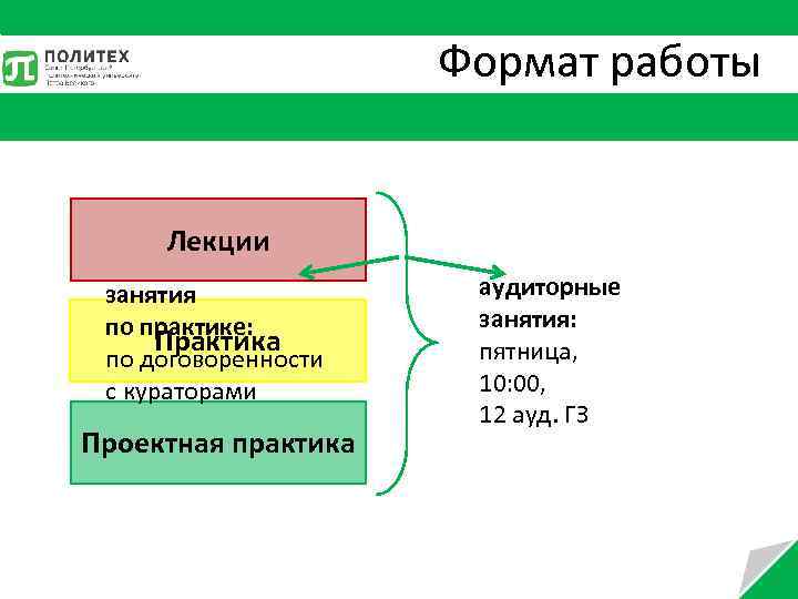 Формат работы Лекции занятия по практике: Практика по договоренности с кураторами Проектная практика аудиторные