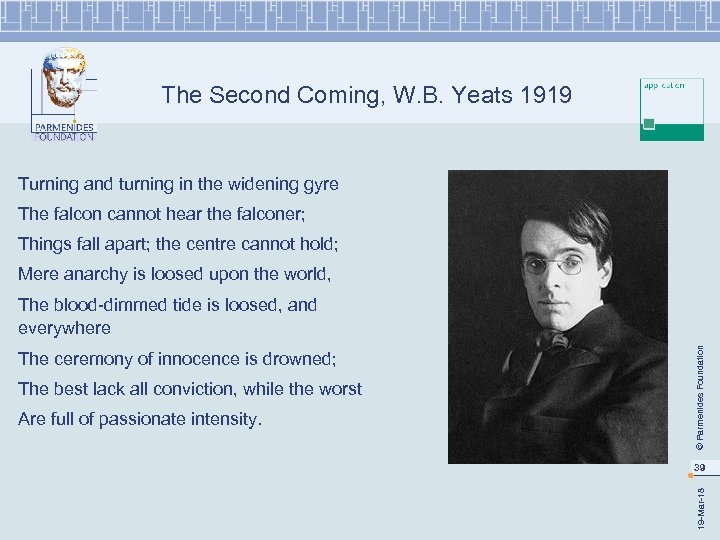 The Second Coming, W. B. Yeats 1919 Turning and turning in the widening gyre