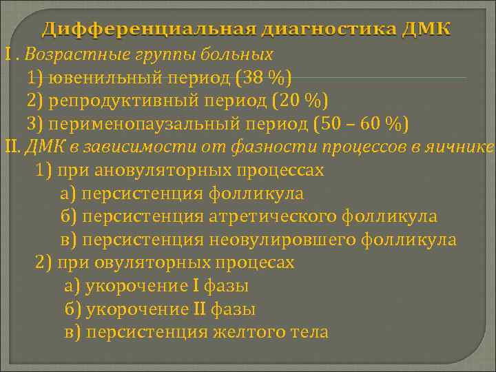 I. Возрастные группы больных 1) ювенильный период (38 %) 2) репродуктивный период (20 %)