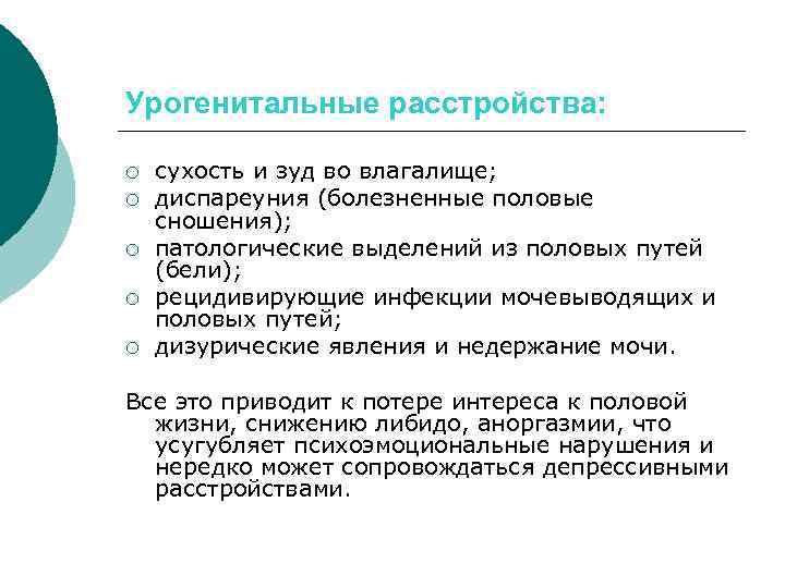 Урогенитальные расстройства: ¡ ¡ ¡ сухость и зуд во влагалище; диспареуния (болезненные половые сношения);