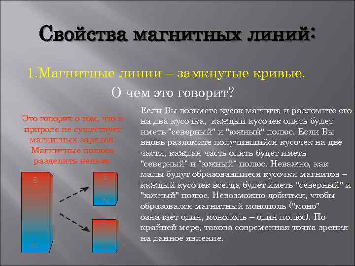 Свойства магнитных линий: 1. Магнитные линии – замкнутые кривые. О чем это говорит? Это