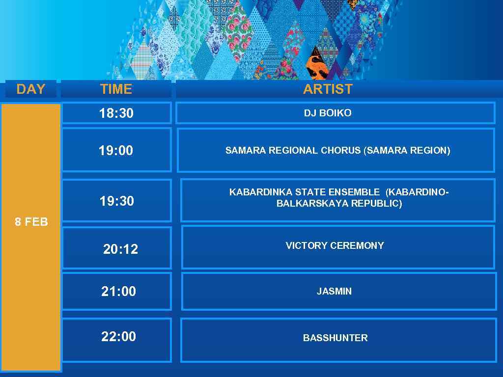 DAY TIME ARTIST 18: 30 DJ BOIKO 19: 00 SAMARA REGIONAL CHORUS (SAMARA REGION)