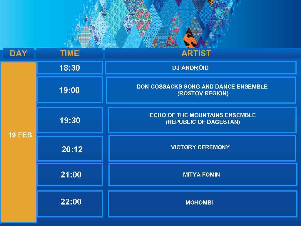 DAY TIME 18: 30 ARTIST DJ ANDROID 19: 00 DON COSSACKS SONG AND DANCE