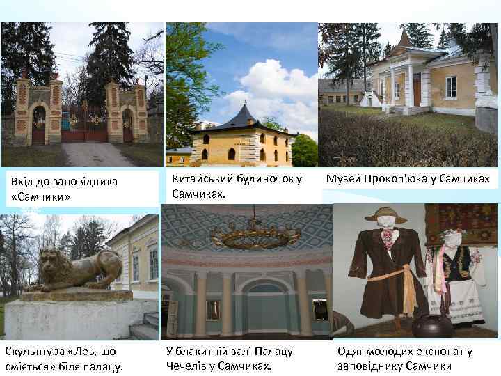 Вхід до заповідника «Самчики» Скульптура «Лев, що сміється» біля палацу. Китайський будиночок у Самчиках.