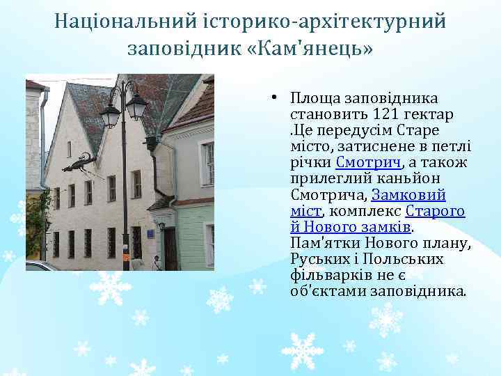Національний історико-архітектурний заповідник «Кам'янець» • Площа заповідника становить 121 гектар . Це передусім Старе