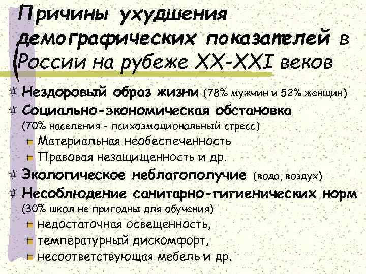 Причины ухудшения демографических показателей в России на рубеже XX-XXI веков Нездоровый образ жизни (78%