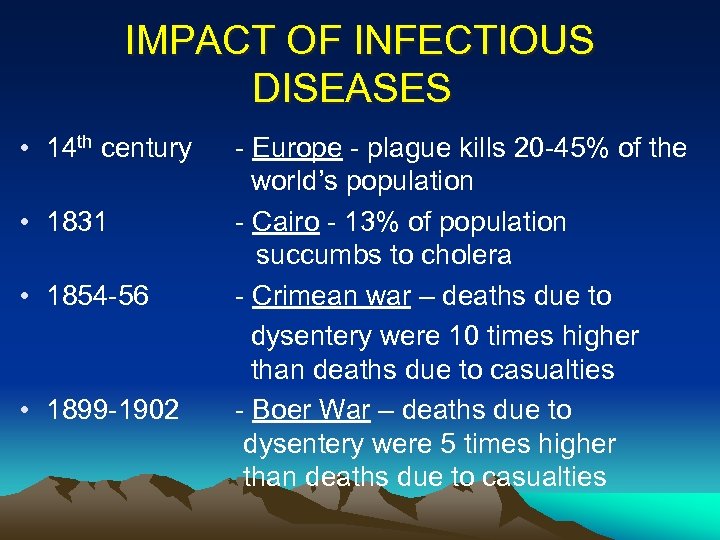 IMPACT OF INFECTIOUS DISEASES • 14 th century • 1831 • 1854 -56 •