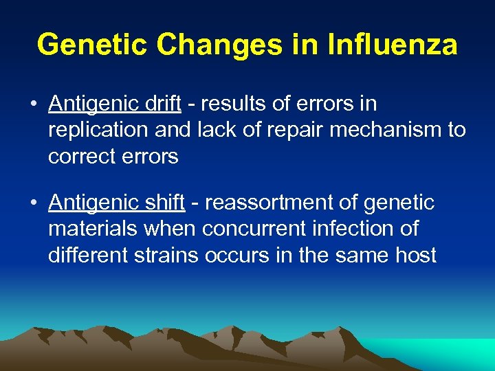 Genetic Changes in Influenza • Antigenic drift - results of errors in replication and