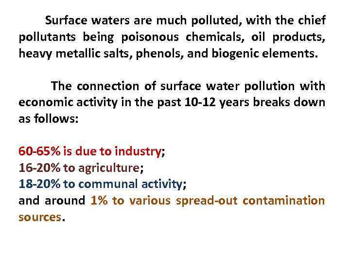Surface waters are much polluted, with the chief pollutants being poisonous chemicals, oil products,