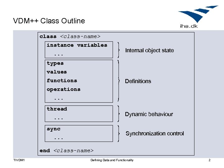 VDM++ Class Outline class <class-name> instance variables. . . Internal object state types values